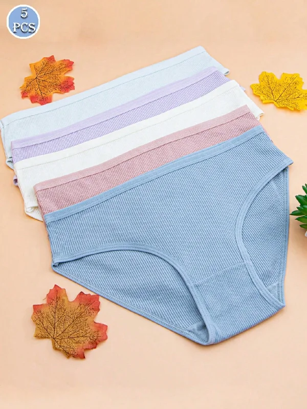 Pet Products5pcs Women's Breathable And Sexy Cotton Mid-Rise Threaded Triangle Panties In Different Colors