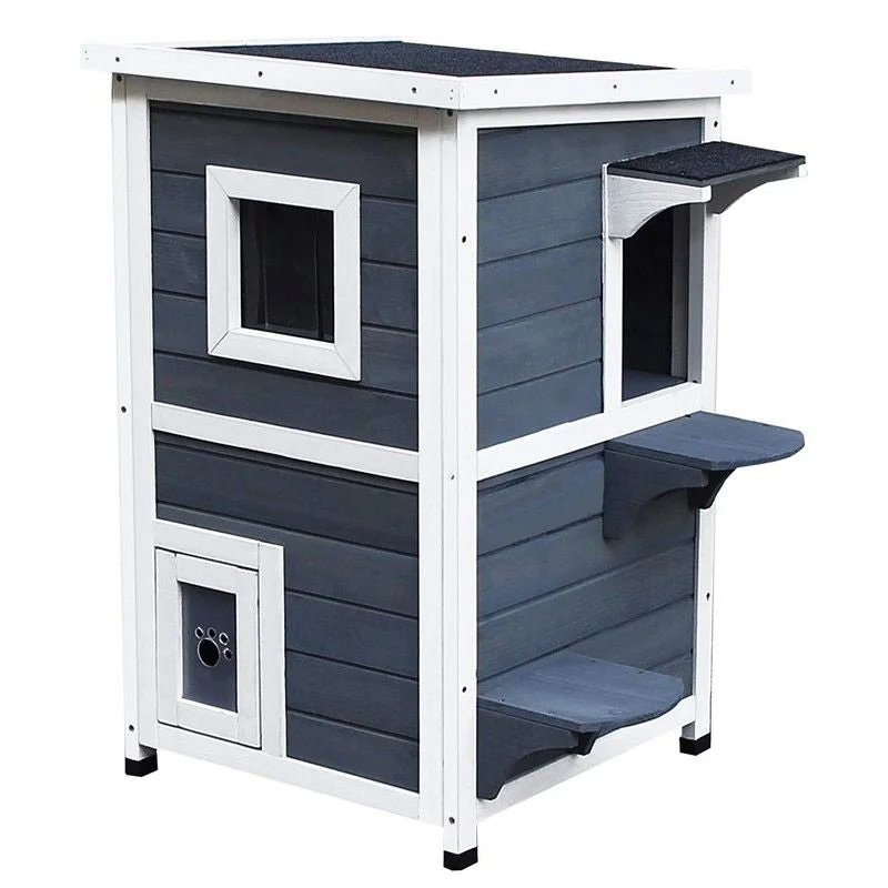 ---PawHut Wooden Cat House 2-Floor Outdoor Kitten Shelter with Window Grey