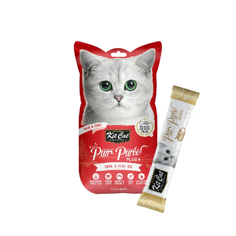    - Cat food discounts and promotions  Kit Cat Purr Puree Plus+ Liquid Cat Treats - Tuna Skin & Coat (4x15g)