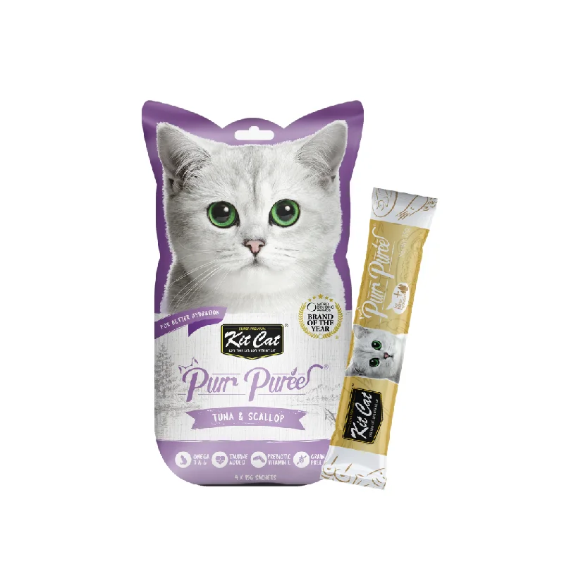    - Cat food for spayed/neutered cats  Kit Cat Purr Puree Liquid Cat Treats - Tuna & Scallop (4x15g)