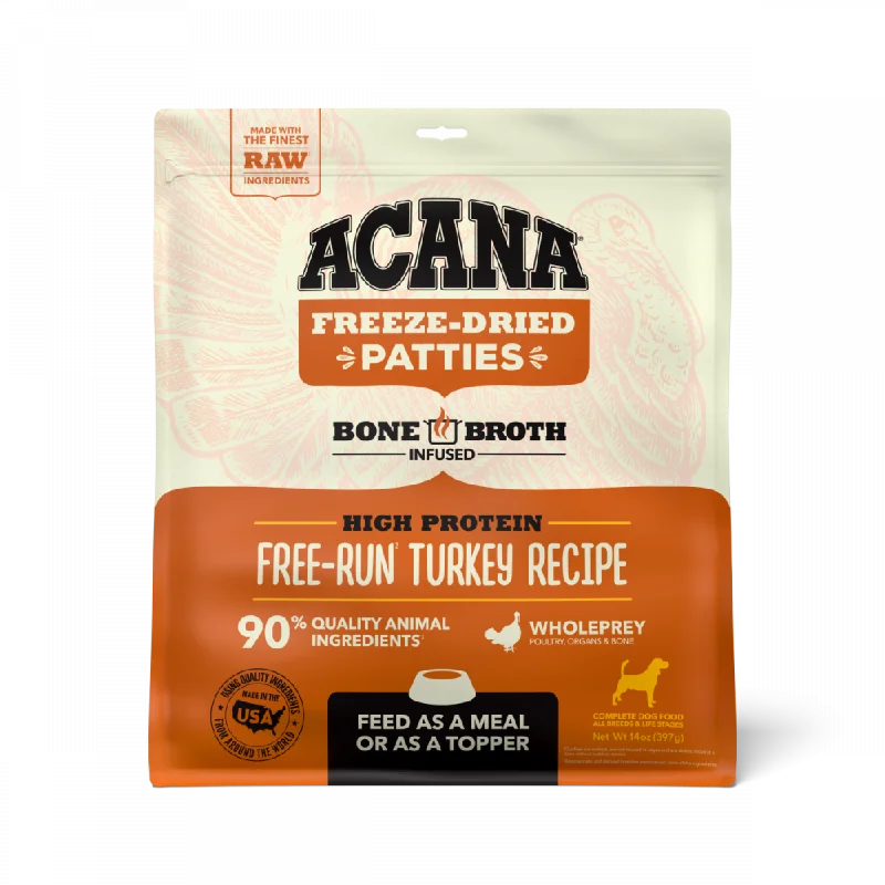 - High protein dog foodACANA Freeze Dried Dog Food & Topper, Grain Free, High Protein,  Fresh & Raw Animal Ingredients, Free-Run Turkey Recipe, Patties