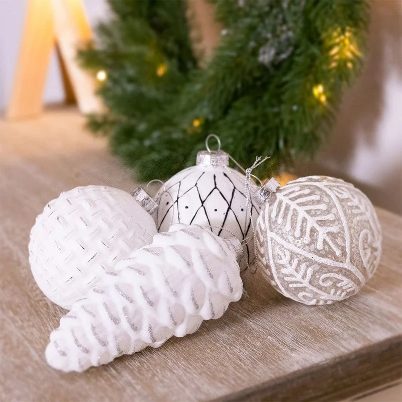 - Durable nylon dog leash wholesale12 x Christmas Tree Baubles Decoration White & Silver with Glitter Pattern - 13cm Scandi by Wensum