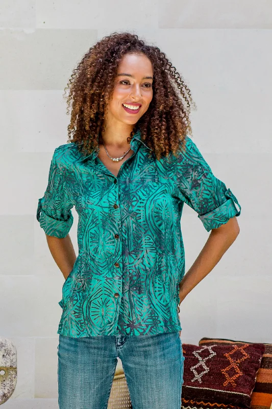 - Organic cotton dog bibsGreen Glyphs Rayon Batik Long Sleeve Green-Blue Hi-Low Button Blouse